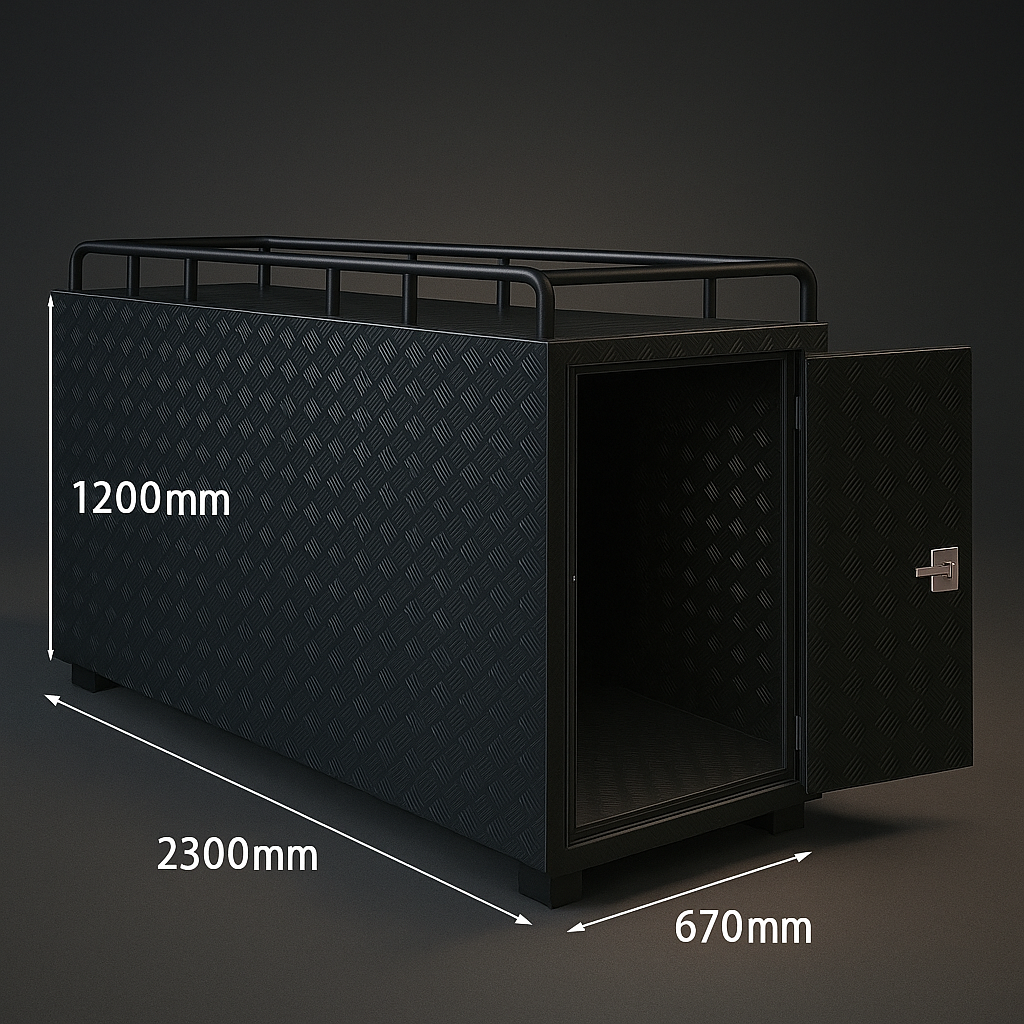 Toysafe product diagram showing 2300 mm length, 670 mm width and 1200 mm height