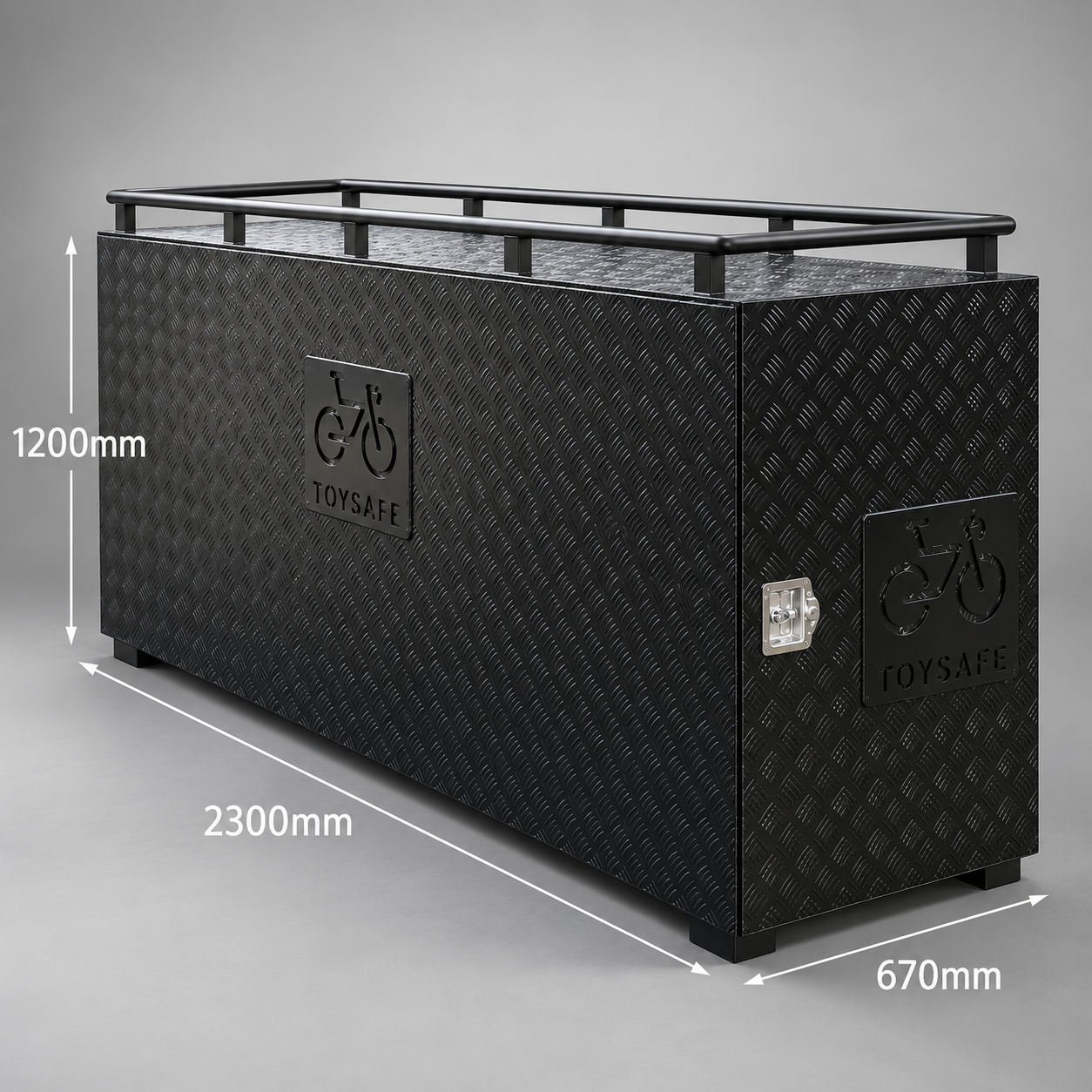 Toysafe product diagram showing 2300 mm length, 670 mm width and 1200 mm height